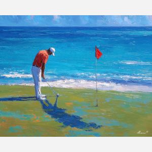 a, golfer, aiming, an, approach, shot, toward, vivid, red, pin, under, radiant, blue, sky, palette knife, oil painting, impasto texture, vivid color, dramatic light, expressive composition