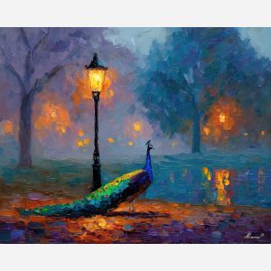 peacock, a misty morning lawn, a peacock beside a lantern, bronze shimmer, cobalt night with jewel tones, foreground subject, colorful background, soft reflections, impasto texture, cobalt shadows, warm highlights, painterly atmosphere, layered depth, knife stroke detail, misty morning, morning lawn, peacock beside, beside lantern, cobalt night, night with