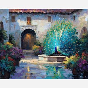 peacock, an ornamental courtyard, a peacock fan display, water reflections, emerald and sapphire with bronze, foreground subject, colorful background, soft reflections, impasto texture, cobalt shadows, warm highlights, painterly atmosphere, layered depth, knife stroke detail, ornamental courtyard, peacock display, emerald sapphire, sapphire with, oil painting, palette knife texture