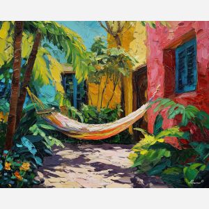 mexico, a hammock tied between palms, a tropical garden courtyard, leaf shadows and patterned light, emerald and peach, tranquil and warm, oil painting, palette knife texture, impasto oil, thick paint, bold brushwork, soft glow, color contrast, layered depth, foreground focus, background gradient, reflective highlights, knife stroke ridges, atmospheric haze, shadow planes