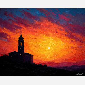 mexico, a church bell tower silhouette, a glowing sunset skyline, radiant sky gradients, orange and deep blue, grand and radiant, oil painting, palette knife texture, impasto oil, thick paint, bold brushwork, soft glow, color contrast, layered depth, foreground focus, background gradient, reflective highlights, knife stroke ridges, atmospheric haze, shadow planes