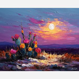 mexico, a cactus cluster in bloom, a desert plateau horizon, violet dusk and open sky, sage green and lavender, expansive and calm, oil painting, palette knife texture, impasto oil, thick paint, bold brushwork, soft glow, color contrast, layered depth, foreground focus, background gradient, reflective highlights, knife stroke ridges, atmospheric haze, shadow planes