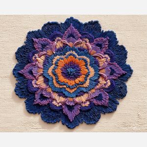 embroidery, a stitched mandala, a circular embroidery hoop centered on linen, radial symmetry and raised threadwork, violet and indigo with warm light accents, meditative and bold, textile motif, stitched relief, linen grain, thread sheen, oil painting, palette knife texture, impasto oil, thick paint, bold brushwork, soft glow, color contrast, layered depth, foreground focus, background gradient