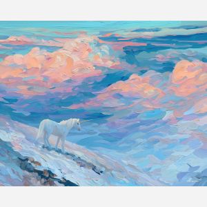 unicorn, a unicorn at the edge of a cloud sea, a frosty lake edge, pastel sky planes stacked in depth, mint green and peach glow with indigo depth, softly cinematic, foreground subject, impasto texture, textured strokes, atmospheric depth, oil painting, palette knife texture, impasto oil, thick paint, bold brushwork, soft glow, color contrast, layered depth, foreground focus, background gradient