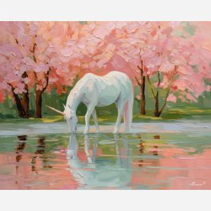 unicorn, a unicorn with dew on its coat, a cherry blossom grove, reflections stretched in long strokes, mint green and peach glow with indigo depth, dreamlike and gentle, foreground subject, impasto texture, textured strokes, atmospheric depth, oil painting, palette knife texture, impasto oil, thick paint, bold brushwork, soft glow, color contrast, layered depth, foreground focus, background gradient