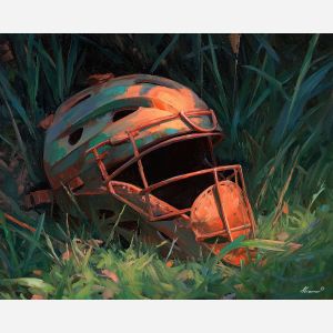 baseball, a catcher mask on wood, a quiet practice diamond, texture in grass strokes, emerald grass with warm copper light, rain-fresh and moody, foreground subject, impasto texture, textured strokes, atmospheric depth, oil painting, palette knife texture, impasto oil, thick paint, bold brushwork, soft glow, color contrast, layered depth, foreground focus, background gradient