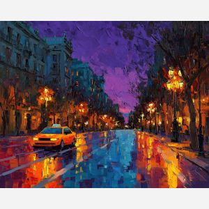 cityscape painting, night city street, urban lights reflection, palette knife oil painting, impasto city painting, warm street lights, wet pavement reflection, blue violet sky, night urban atmosphere, architectural city art, quiet street scene, city night artwork, street lamp glow, urban transportation scene, dramatic lighting painting, textured oil painting, city travel art, colorful night street, modern cityscape art, cityscape wall art