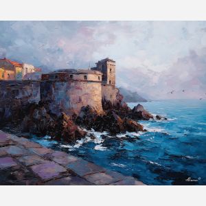puerto rico, old fort overlooking sea, oil painting, palette knife texture, impasto painting, textured canvas, fine art painting, dramatic lighting, rich colors, painterly style, studio artwork, gallery art, wall art, visual composition, bold brushwork, canvas painting, color contrast, fine texture, art collection, expressive painting