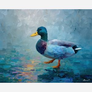 duck, duck in morning fog, oil painting, palette knife texture, impasto painting, textured canvas, fine art painting, dramatic lighting, rich colors, painterly style, studio artwork, gallery art, wall art, visual composition, bold brushwork, canvas painting, color contrast, fine texture, art collection, expressive painting