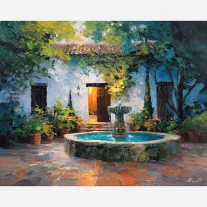 ancient rome, villa courtyard fountain, oil painting, palette knife texture, impasto painting, textured canvas, fine art painting, dramatic lighting, rich colors, painterly style, studio artwork, gallery art, wall art, visual composition, bold brushwork, canvas painting, color contrast, fine texture, art collection, expressive painting