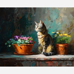 pet, cat beside flower pot, oil painting, palette knife texture, impasto painting, textured canvas, fine art painting, dramatic lighting, rich colors, painterly style, studio artwork, gallery art, wall art, visual composition, bold brushwork, canvas painting, color contrast, fine texture, art collection, expressive painting