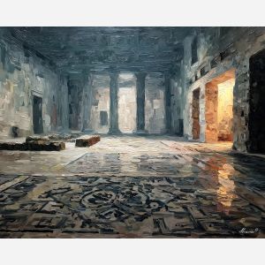 ancient rome, roman mosaic floor hall, oil painting, palette knife texture, impasto painting, textured canvas, fine art painting, dramatic lighting, rich colors, painterly style, studio artwork, gallery art, wall art, visual composition, bold brushwork, canvas painting, color contrast, fine texture, art collection, expressive painting