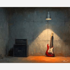 grunge,guitar,rehearsal room,hanging bulb,palette knife,oil painting,black,crimson,gray,amber,music,urban interior,impasto,texture art,amp,raw mood,gritty,still life,band room,concrete