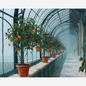 orange glass,glass orangery,potted citrus trees,a long greenhouse,orange,bottle green,fog white,iron gray,glass,orangery,potted,citrus,trees,long,greenhouse,iron,ribs,fogged,panes,palette knife