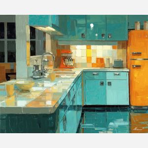 60s, retro object arrangement at tile kitchen, midcentury interior at dusk, chrome glints and patterned color blocks, teal and orange with cream accents, retro and vibrant, foreground subject, impasto texture, textured strokes, atmospheric depth, oil painting, palette knife texture, impasto oil, thick paint, bold brushwork, soft glow, color contrast, layered depth, foreground focus, background gradient