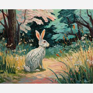 rabbit, rabbit in meadow grass at forest path, spring orchard edge, dew sparkle and long soft shadows, warm beige with spring green and peach glow, softly whimsical, foreground subject, impasto texture, textured strokes, atmospheric depth, oil painting, palette knife texture, impasto oil, thick paint, bold brushwork, soft glow, color contrast, layered depth, foreground focus, background gradient