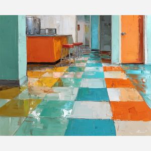 60s, retro object arrangement at checker floor, midcentury interior at dusk, chrome glints and patterned color blocks, teal and orange with cream accents, retro and vibrant, foreground subject, impasto texture, textured strokes, atmospheric depth, oil painting, palette knife texture, impasto oil, thick paint, bold brushwork, soft glow, color contrast, layered depth, foreground focus, background gradient