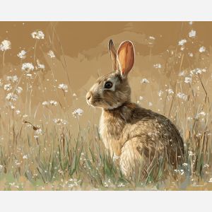 rabbit, rabbit in meadow grass at rain meadow, spring orchard edge, dew sparkle and long soft shadows, warm beige with spring green and peach glow, softly whimsical, foreground subject, impasto texture, textured strokes, atmospheric depth, oil painting, palette knife texture, impasto oil, thick paint, bold brushwork, soft glow, color contrast, layered depth, foreground focus, background gradient