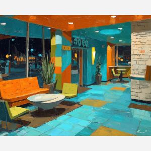 60s, retro object arrangement at glass sign, midcentury interior at dusk, chrome glints and patterned color blocks, teal and orange with cream accents, retro and vibrant, foreground subject, impasto texture, textured strokes, atmospheric depth, oil painting, palette knife texture, impasto oil, thick paint, bold brushwork, soft glow, color contrast, layered depth, foreground focus, background gradient