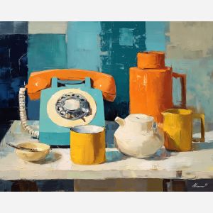 60s, retro object arrangement at retro phone, midcentury interior at dusk, chrome glints and patterned color blocks, teal and orange with cream accents, retro and vibrant, foreground subject, impasto texture, textured strokes, atmospheric depth, oil painting, palette knife texture, impasto oil, thick paint, bold brushwork, soft glow, color contrast, layered depth, foreground focus, background gradient