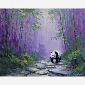 panda, panda in bamboo at stone path, misty garden path, soft mist layers and gentle reflected light, sage green with ivory and cool gray shadows, gentle and calm, foreground subject, impasto texture, textured strokes, atmospheric depth, oil painting, palette knife texture, impasto oil, thick paint, bold brushwork, soft glow, color contrast, layered depth, foreground focus, background gradient