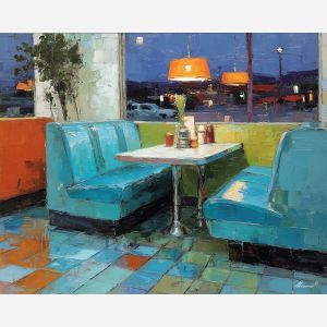 60s, retro object arrangement at diner booth, midcentury interior at dusk, chrome glints and patterned color blocks, teal and orange with cream accents, retro and vibrant, foreground subject, impasto texture, textured strokes, atmospheric depth, oil painting, palette knife texture, impasto oil, thick paint, bold brushwork, soft glow, color contrast, layered depth, foreground focus, background gradient