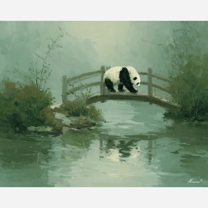 panda, panda in bamboo at bridge crossing, misty garden path, soft mist layers and gentle reflected light, sage green with ivory and cool gray shadows, gentle and calm, foreground subject, impasto texture, textured strokes, atmospheric depth, oil painting, palette knife texture, impasto oil, thick paint, bold brushwork, soft glow, color contrast, layered depth, foreground focus, background gradient