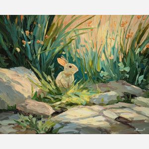 rabbit, rabbit in meadow grass at stream bank, spring orchard edge, dew sparkle and long soft shadows, warm beige with spring green and peach glow, softly whimsical, foreground subject, impasto texture, textured strokes, atmospheric depth, oil painting, palette knife texture, impasto oil, thick paint, bold brushwork, soft glow, color contrast, layered depth, foreground focus, background gradient