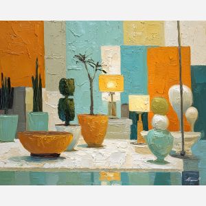 60s, retro object arrangement at booth light, midcentury interior at dusk, chrome glints and patterned color blocks, teal and orange with cream accents, retro and vibrant, foreground subject, impasto texture, textured strokes, atmospheric depth, oil painting, palette knife texture, impasto oil, thick paint, bold brushwork, soft glow, color contrast, layered depth, foreground focus, background gradient