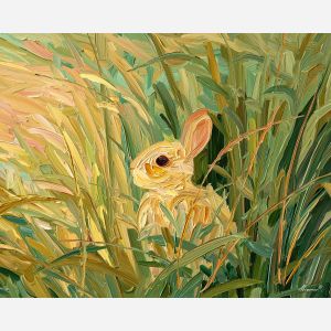 rabbit, rabbit in meadow grass at golden grass, spring orchard edge, dew sparkle and long soft shadows, warm beige with spring green and peach glow, softly whimsical, foreground subject, impasto texture, textured strokes, atmospheric depth, oil painting, palette knife texture, impasto oil, thick paint, bold brushwork, soft glow, color contrast, layered depth, foreground focus, background gradient