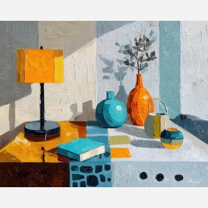 60s, retro object arrangement at street sign, midcentury interior at dusk, chrome glints and patterned color blocks, teal and orange with cream accents, retro and vibrant, foreground subject, impasto texture, textured strokes, atmospheric depth, oil painting, palette knife texture, impasto oil, thick paint, bold brushwork, soft glow, color contrast, layered depth, foreground focus, background gradient