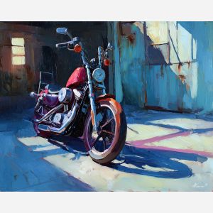 motorcycle, a motorcycle in strong three-quarter view at open hangar, a street or studio environment, open hangar, crimson and black with cobalt shadows and bright metal highlights, fast and cinematic, foreground subject, impasto texture, textured strokes, atmospheric depth, oil painting, palette knife texture, impasto oil, thick paint, bold brushwork, soft glow, color contrast, layered depth, foreground focus, background gradient