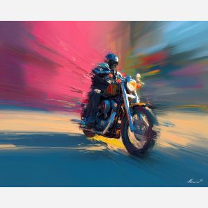 motorcycle, a motorcycle in strong three-quarter view at speed blur, a street or studio environment, speed blur, crimson and black with cobalt shadows and bright metal highlights, fast and cinematic, foreground subject, impasto texture, textured strokes, atmospheric depth, oil painting, palette knife texture, impasto oil, thick paint, bold brushwork, soft glow, color contrast, layered depth, foreground focus, background gradient