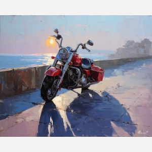 motorcycle, a motorcycle in strong three-quarter view at coastal road, a street or studio environment, coastal road, crimson and black with cobalt shadows and bright metal highlights, fast and cinematic, foreground subject, impasto texture, textured strokes, atmospheric depth, oil painting, palette knife texture, impasto oil, thick paint, bold brushwork, soft glow, color contrast, layered depth, foreground focus, background gradient