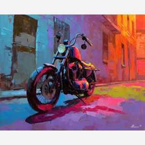 motorcycle, a motorcycle in strong three-quarter view at neon lane, a street or studio environment, neon lane, crimson and black with cobalt shadows and bright metal highlights, fast and cinematic, foreground subject, impasto texture, textured strokes, atmospheric depth, oil painting, palette knife texture, impasto oil, thick paint, bold brushwork, soft glow, color contrast, layered depth, foreground focus, background gradient