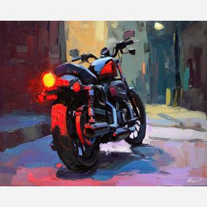 motorcycle, a motorcycle in strong three-quarter view at red tail light, a street or studio environment, red tail light, crimson and black with cobalt shadows and bright metal highlights, fast and cinematic, foreground subject, impasto texture, textured strokes, atmospheric depth, oil painting, palette knife texture, impasto oil, thick paint, bold brushwork, soft glow, color contrast, layered depth, foreground focus, background gradient