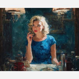marilyn monroe, a glamorous blonde portrait figure in vintage light at powder room, a classic Hollywood-inspired portrait setting, powder room, cream and platinum with crimson and teal accents, iconic and luminous, foreground subject, impasto texture, textured strokes, atmospheric depth, oil painting, palette knife texture, impasto oil, thick paint, bold brushwork, soft glow, color contrast, layered depth, foreground focus, background gradient