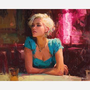 marilyn monroe, a glamorous blonde portrait figure in vintage light at pink neon, a classic Hollywood-inspired portrait setting, pink neon, cream and platinum with crimson and teal accents, iconic and luminous, foreground subject, impasto texture, textured strokes, atmospheric depth, oil painting, palette knife texture, impasto oil, thick paint, bold brushwork, soft glow, color contrast, layered depth, foreground focus, background gradient