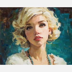 marilyn monroe, a glamorous blonde portrait figure in vintage light at camera flash, a classic Hollywood-inspired portrait setting, camera flash, cream and platinum with crimson and teal accents, iconic and luminous, foreground subject, impasto texture, textured strokes, atmospheric depth, oil painting, palette knife texture, impasto oil, thick paint, bold brushwork, soft glow, color contrast, layered depth, foreground focus, background gradient
