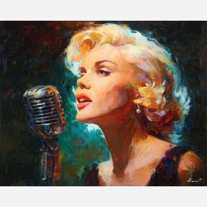 marilyn monroe, a glamorous blonde portrait figure in vintage light at microphone stand, a classic Hollywood-inspired portrait setting, microphone stand, cream and platinum with crimson and teal accents, iconic and luminous, foreground subject, impasto texture, textured strokes, atmospheric depth, oil painting, palette knife texture, impasto oil, thick paint, bold brushwork, soft glow, color contrast, layered depth, foreground focus, background gradient