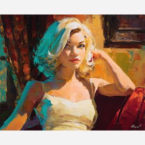 marilyn monroe, a glamorous blonde portrait figure in vintage light at velvet seat, a classic Hollywood-inspired portrait setting, velvet seat, cream and platinum with crimson and teal accents, iconic and luminous, foreground subject, impasto texture, textured strokes, atmospheric depth, oil painting, palette knife texture, impasto oil, thick paint, bold brushwork, soft glow, color contrast, layered depth, foreground focus, background gradient