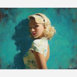 marilyn monroe, a glamorous blonde portrait figure in vintage light at teal shadow, a classic Hollywood-inspired portrait setting, teal shadow, cream and platinum with crimson and teal accents, iconic and luminous, foreground subject, impasto texture, textured strokes, atmospheric depth, oil painting, palette knife texture, impasto oil, thick paint, bold brushwork, soft glow, color contrast, layered depth, foreground focus, background gradient