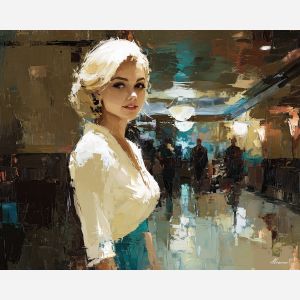 marilyn monroe, a glamorous blonde portrait figure in vintage light at cinema hallway, a classic Hollywood-inspired portrait setting, cinema hallway, cream and platinum with crimson and teal accents, iconic and luminous, foreground subject, impasto texture, textured strokes, atmospheric depth, oil painting, palette knife texture, impasto oil, thick paint, bold brushwork, soft glow, color contrast, layered depth, foreground focus, background gradient