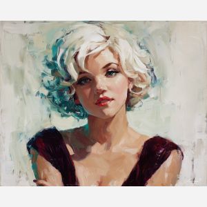 marilyn monroe, a glamorous blonde portrait figure in vintage light at platinum curls, a classic Hollywood-inspired portrait setting, platinum curls, cream and platinum with crimson and teal accents, iconic and luminous, foreground subject, impasto texture, textured strokes, atmospheric depth, oil painting, palette knife texture, impasto oil, thick paint, bold brushwork, soft glow, color contrast, layered depth, foreground focus, background gradient