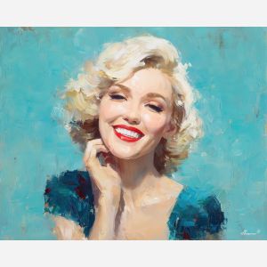 marilyn monroe, a glamorous blonde portrait figure in vintage light at studio smile, a classic Hollywood-inspired portrait setting, studio smile, cream and platinum with crimson and teal accents, iconic and luminous, foreground subject, impasto texture, textured strokes, atmospheric depth, oil painting, palette knife texture, impasto oil, thick paint, bold brushwork, soft glow, color contrast, layered depth, foreground focus, background gradient