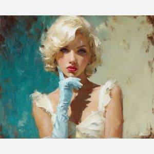 marilyn monroe, a glamorous blonde portrait figure in vintage light at satin glove, a classic Hollywood-inspired portrait setting, satin glove, cream and platinum with crimson and teal accents, iconic and luminous, foreground subject, impasto texture, textured strokes, atmospheric depth, oil painting, palette knife texture, impasto oil, thick paint, bold brushwork, soft glow, color contrast, layered depth, foreground focus, background gradient
