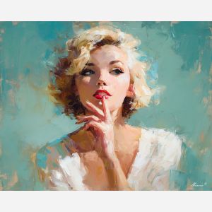 marilyn monroe, a glamorous blonde portrait figure in vintage light at red lipstick, a classic Hollywood-inspired portrait setting, red lipstick, cream and platinum with crimson and teal accents, iconic and luminous, foreground subject, impasto texture, textured strokes, atmospheric depth, oil painting, palette knife texture, impasto oil, thick paint, bold brushwork, soft glow, color contrast, layered depth, foreground focus, background gradient