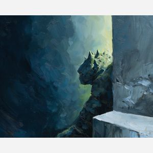 frankenstein, a stitched monster figure in dramatic light at moon parapet, a gothic environment, moon parapet, olive green and charcoal with blue gray storm light, moody and cinematic, foreground subject, impasto texture, textured strokes, atmospheric depth, oil painting, palette knife texture, impasto oil, thick paint, bold brushwork, soft glow, color contrast, layered depth, foreground focus, background gradient