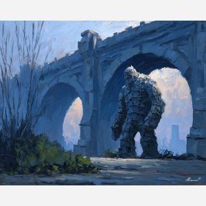 frankenstein, a stitched monster figure in dramatic light at stone arch, a gothic environment, stone arch, olive green and charcoal with blue gray storm light, moody and cinematic, foreground subject, impasto texture, textured strokes, atmospheric depth, oil painting, palette knife texture, impasto oil, thick paint, bold brushwork, soft glow, color contrast, layered depth, foreground focus, background gradient