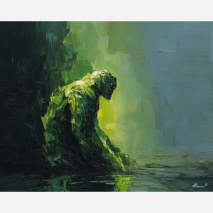 frankenstein, a stitched monster figure in dramatic light at green glow, a gothic environment, green glow, olive green and charcoal with blue gray storm light, moody and cinematic, foreground subject, impasto texture, textured strokes, atmospheric depth, oil painting, palette knife texture, impasto oil, thick paint, bold brushwork, soft glow, color contrast, layered depth, foreground focus, background gradient